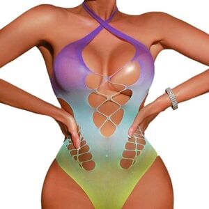 Purple To Green Ombre Criss-cross Cutout Twist Halter Bodystocking Bodysuit (OS)